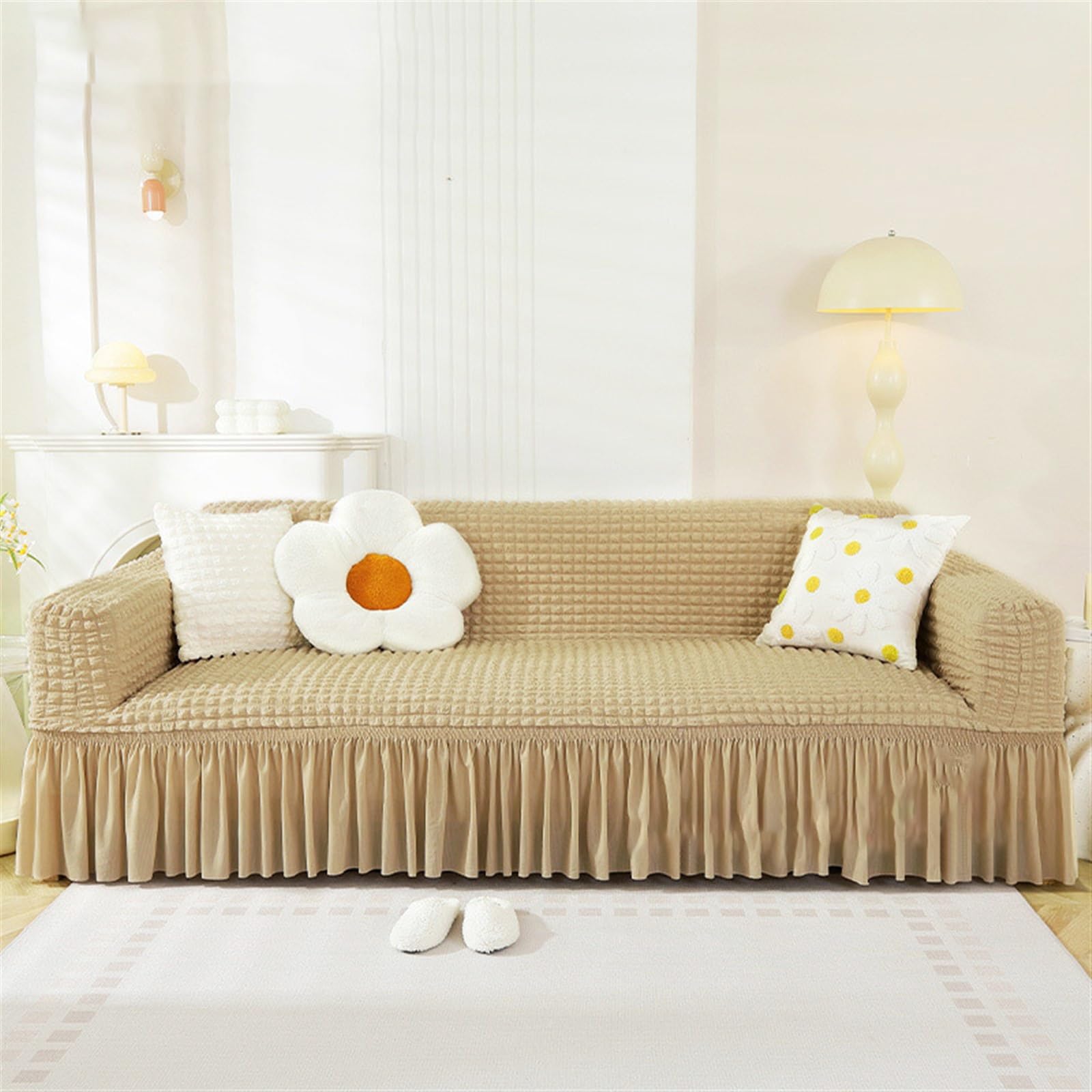 Housse de canapé antidérapante seersucker 1 place 90-140 cm avec jupe élégante jaune clair