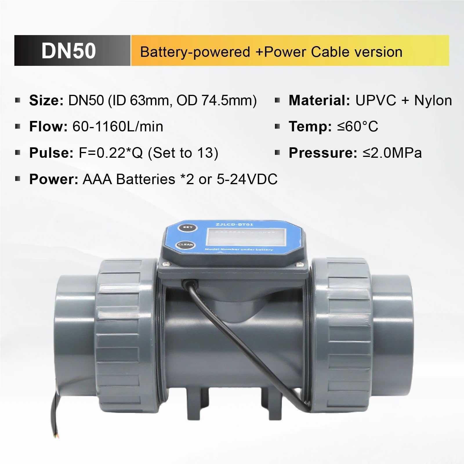 Caudalímetro de Turbina Medidor de flujo digital for tuberías riego y aguas residuales agua grande Sensor líquido salida pulso 5 a 24 V(DN50-NPN)