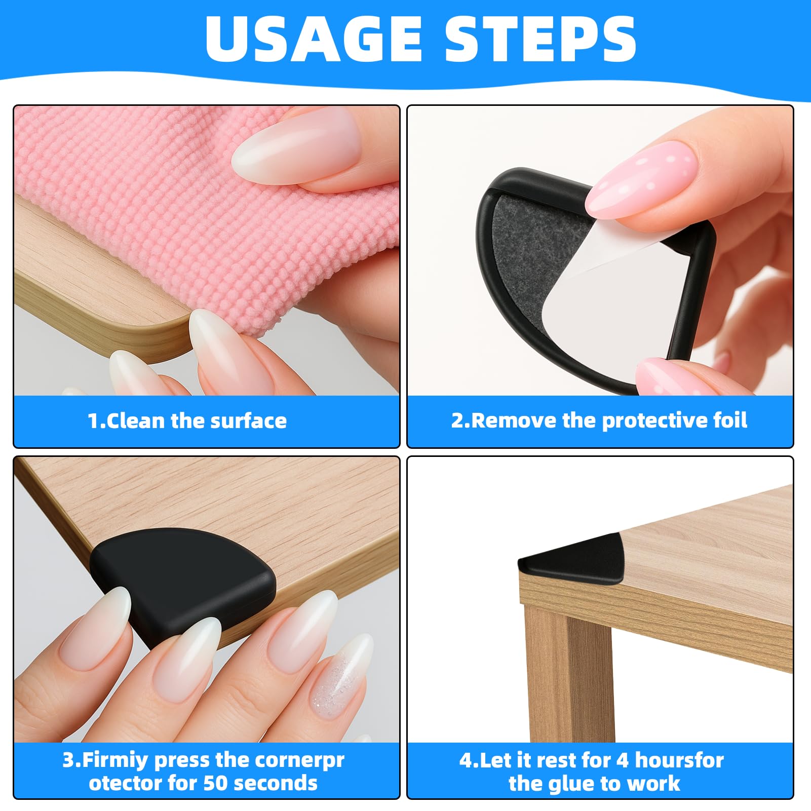 LgCiXli Juego de 12 protectores de esquinas para bebé, color negro, resistentes a los golpes, de silicona suave, para muebles y mesas, protección infantil con cinta adhesiva 3M fuerte sin residuos — view 4