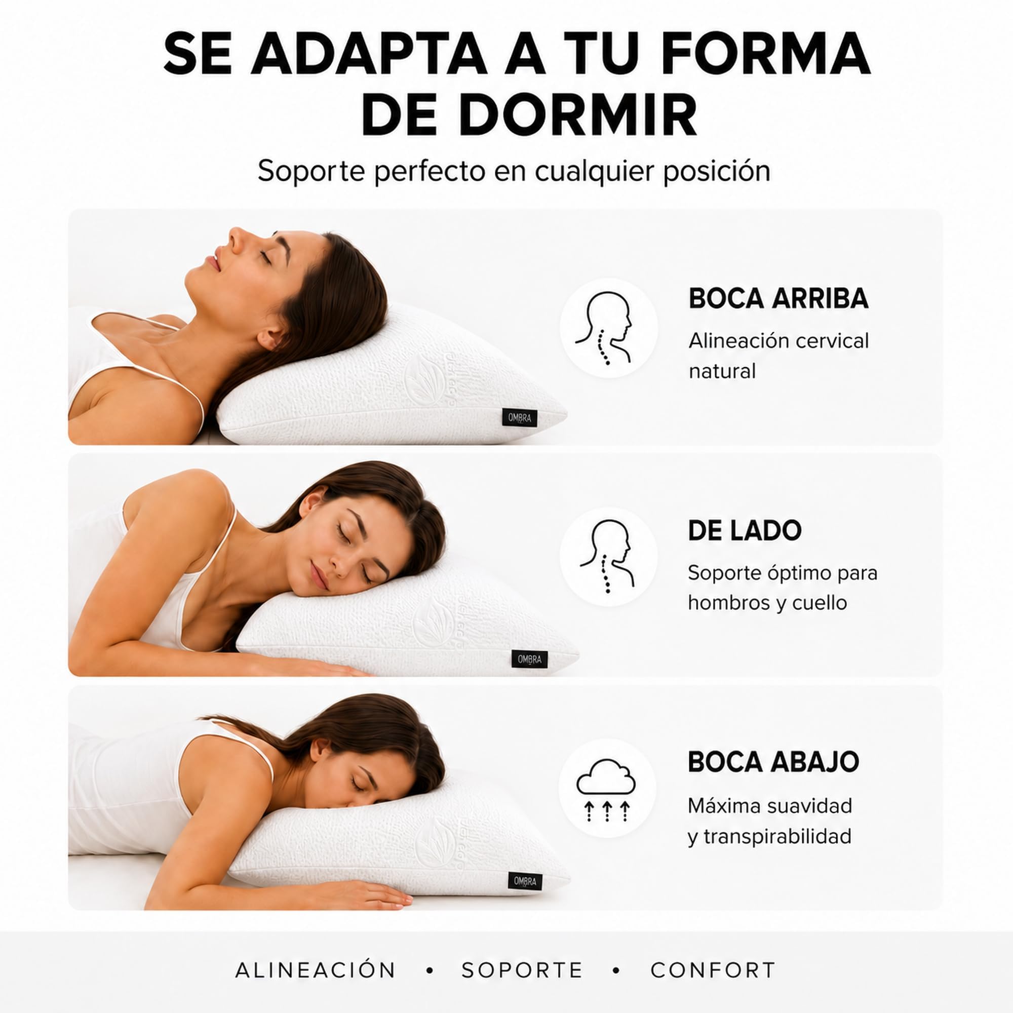 Almohada Viscoelástica 150 cm | Aloe Vera, Firmeza Media | Soporte cervical ergonómico · Antiácaros, antibacteriana e hipoalergénica · Funda lavable a máquina · Hecha en España