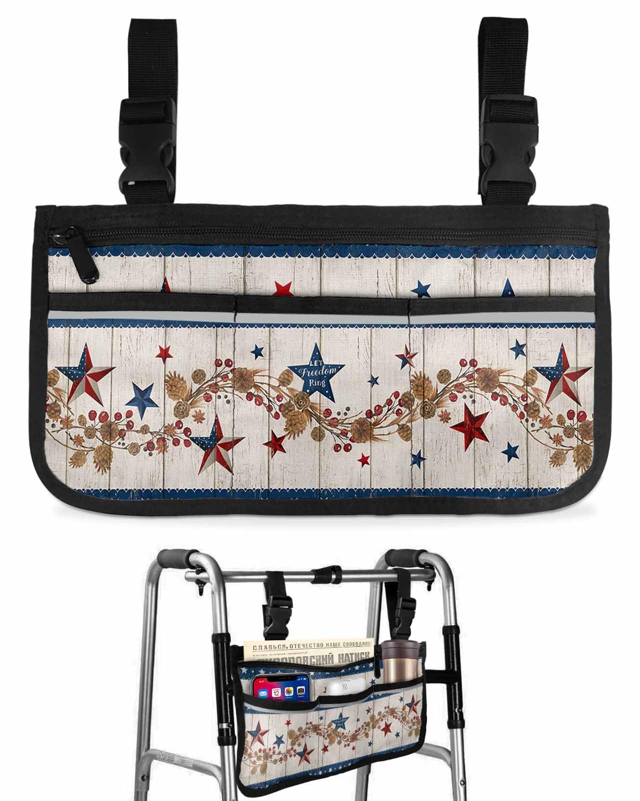 4th of July Wheelchair Side Bag Walker Bag, Country Star Independence Day Blue Wheelchair Accessories Armrest Pouch, Organizer Storage Bag for Walkers, Rollators, Scooters, 7.3''x13''
