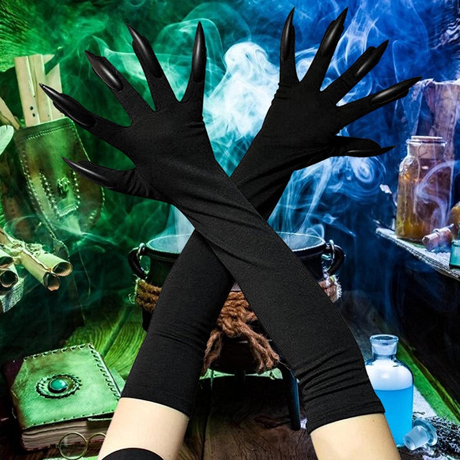 TINAYAUE Halloween Animal Claw Gloves Prop Black Paws Gloves with Scary Long Nails Cosplay Ghost Witch Devil Paw Gloves