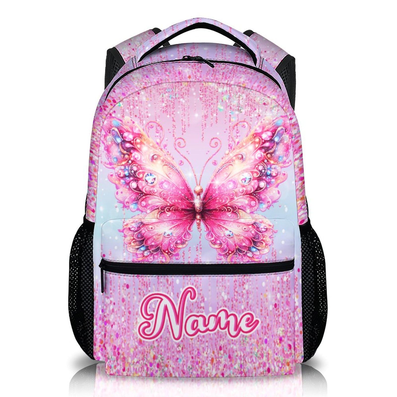Personalized Backpack for Girls - Custom Butterfly Backpacks for Kids - 17 Inch Pink Butterfly Schoolbag for Preschool Kindergarten Primary -