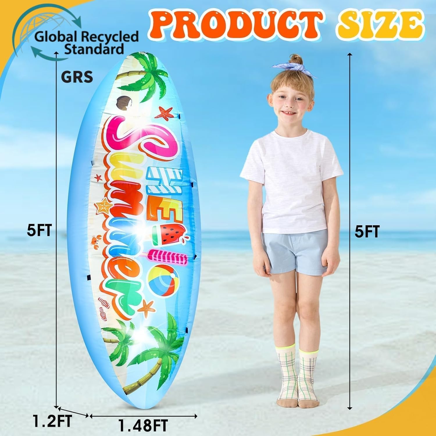 Eyourlife 5 FT Hello Summer Surfboard Inflatable, Outdoor Blow Up Yard Decoration with Built-in 3 LED Lights, Summer Luau Party Decorations for Pool Holiday Garden Lawn Patio Tropical Beach
