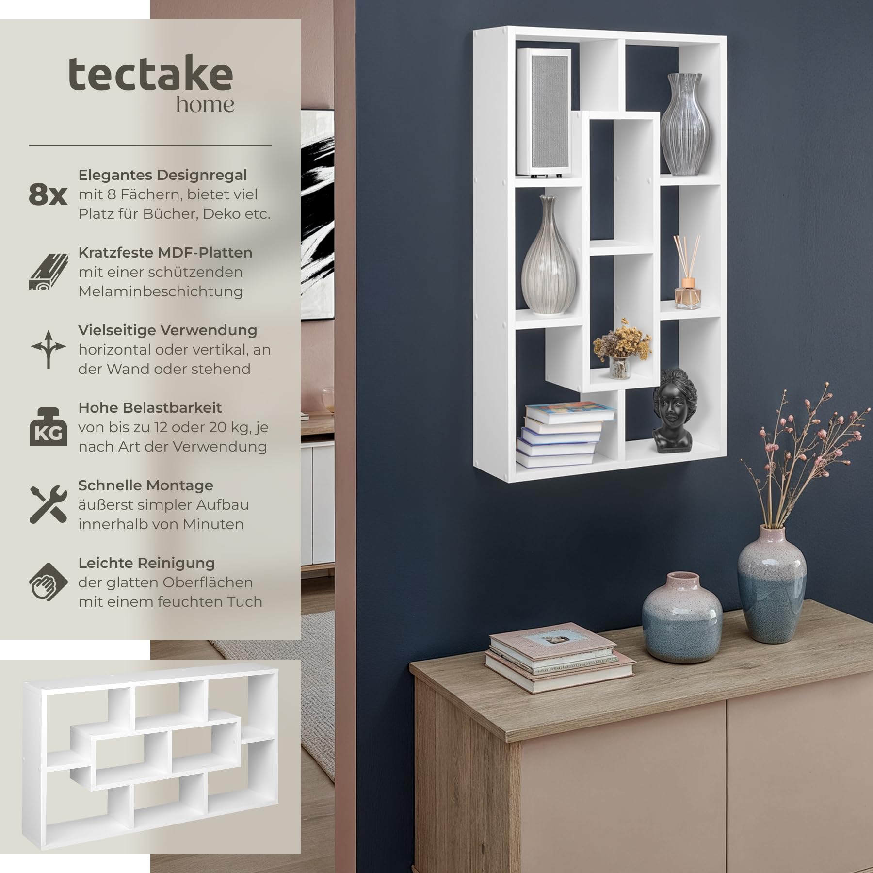 tectake® Wandregal mit 8 Fächern, Hängeregal 85 x 16 x 48 cm, Bücherregal Wand, Wanddeko Wohnzimmer Möbel, Schlafzimmer Deko, Schweberegal, Flur Möbel, Wandregal Kinderzimmer - weiß