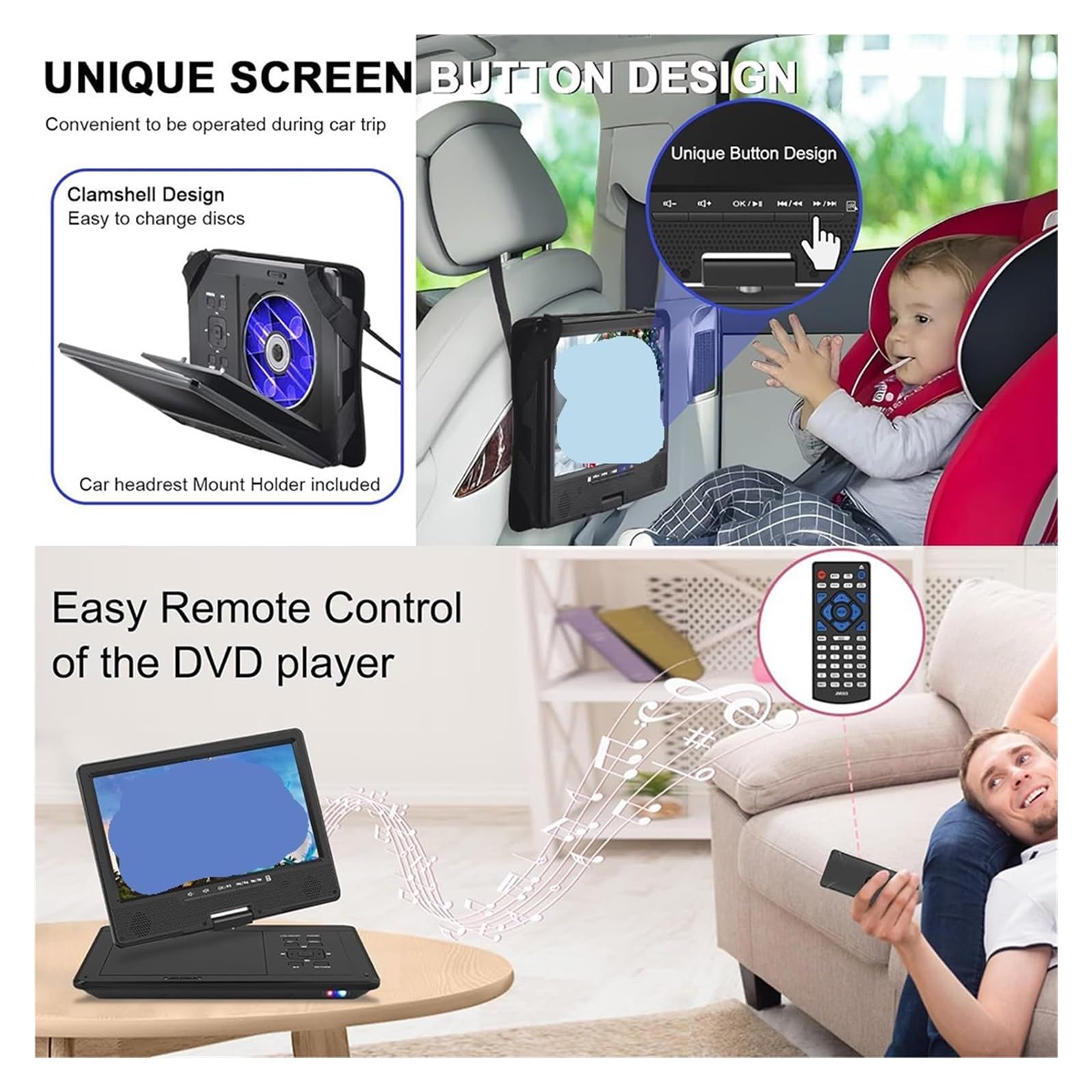 Lettore DVD, Lettore DVD mobile HD da 12,5 pollici - video ad alta definizione con compatibilità Bluetooth wireless