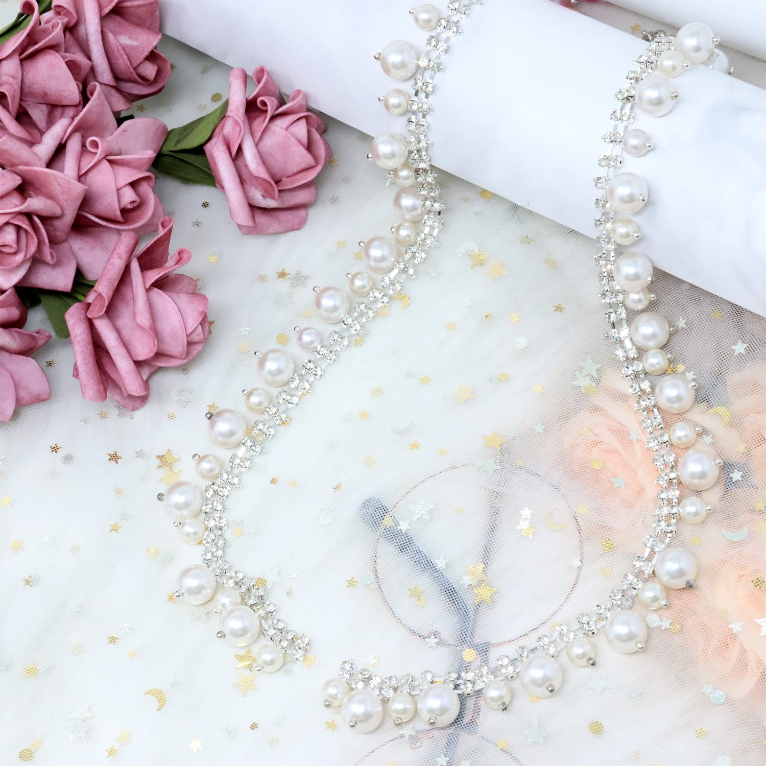 Honbay 1 Yard Rhinestone Fringe Trim Inlaid Pearl Crystal Ribbon