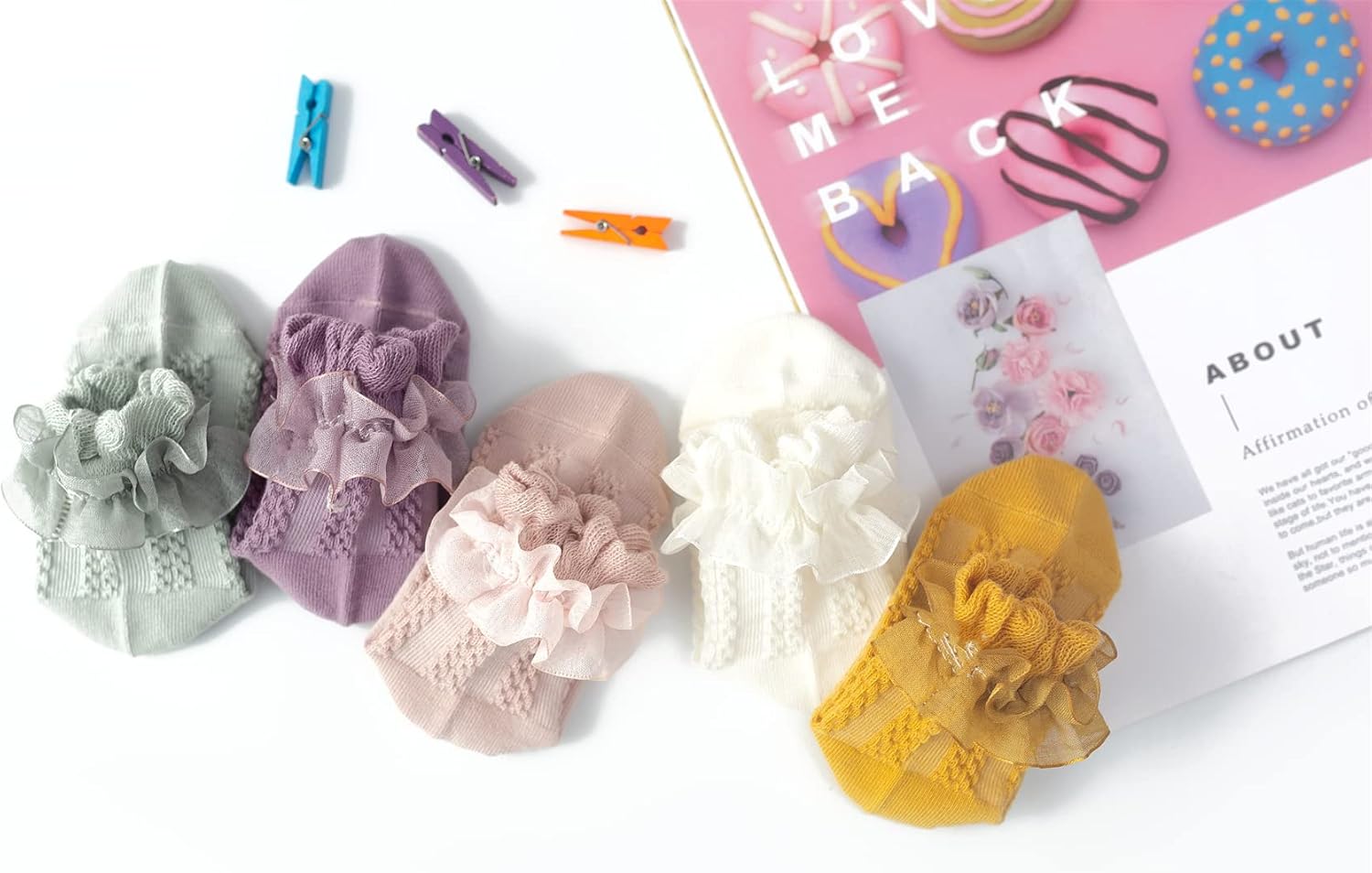 Gwenvenni Toddler Girls Double Ruffle Lace Trim Cotton Socks Frilly Dress Socks 5-Pack - Image 2