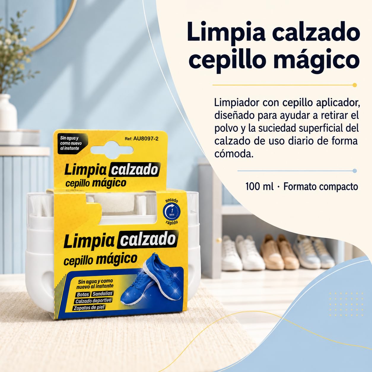Limpiador de Calzado 100 ml con Cepillo Integrado, Sin Agua, Pack de 12