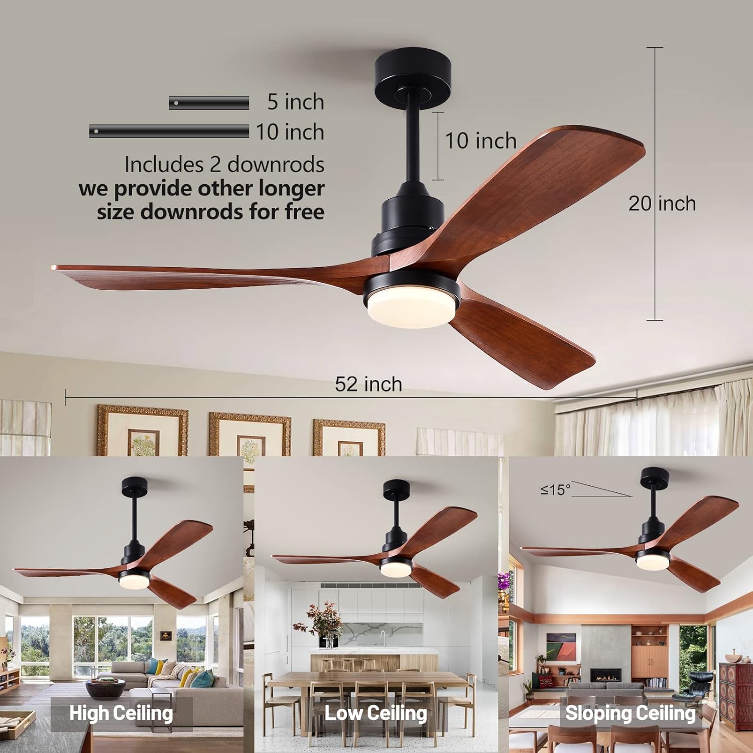 52 Inch Ceiling Fans with Lights and Remote, Quiet Reversible DC Motor and 3 Color Dimmable Light, 3 Blades 6 Speed Wood Ceiling Fan for Farmhouse Living Room Bedroom Dining Room Workroom Study