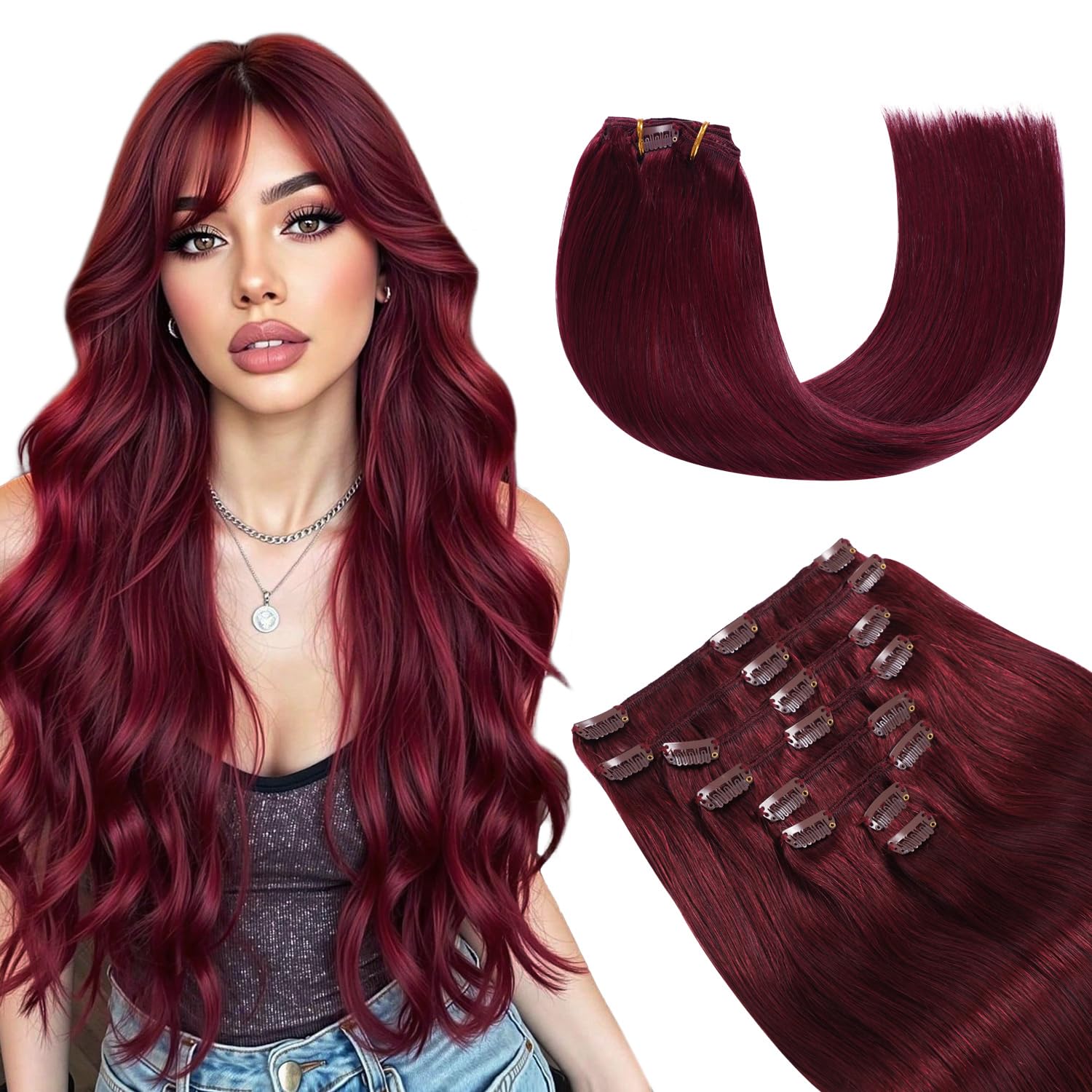 YILITE Hair Extensions Clip in Human Hair 8Pcs 120Gram/Pack Burgundy Silky Remy Human Hair Double Weft Straight Real Hair Extensions Clip ins Thick (