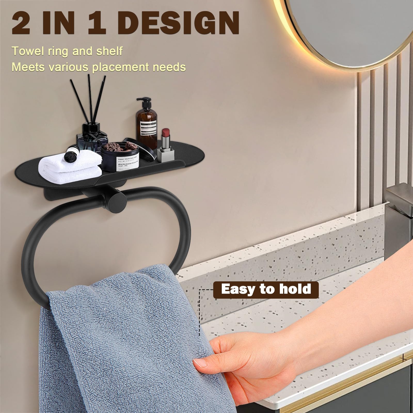 Stainless Steel Hand Towel Ring with Shelf - Matte Black -3 Stainless Steel Hand Towel Ring with Shelf - Matte Black -3