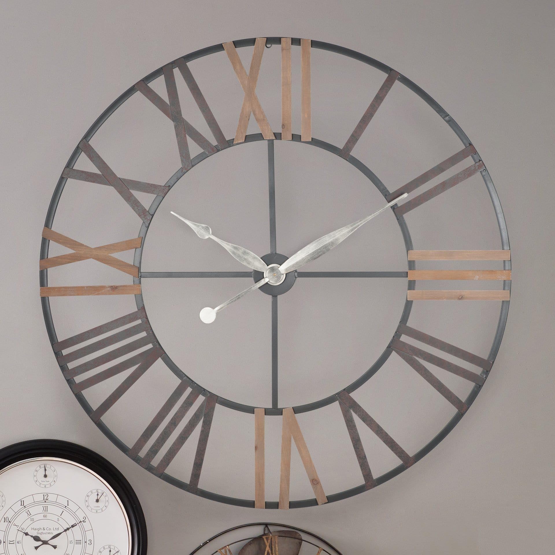 Celestial Antique Grey Metal & Wood Round Wall Clock - Extra Large - Grey