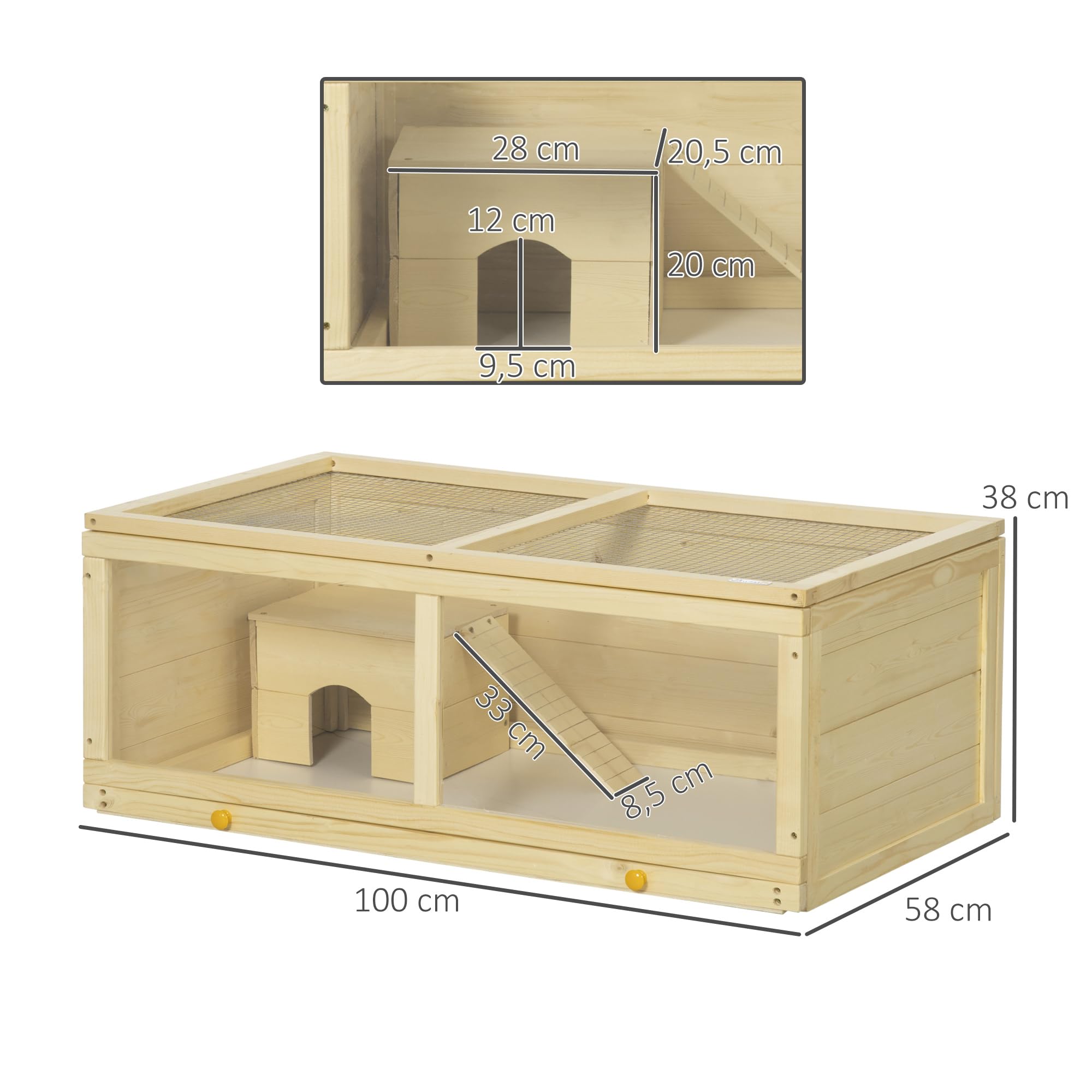 PawHut Jaula para Hámster con Panel de Acrílico 100x58x38 cm Casa para Hamsters de Madera con Tapa Abatible Bandeja Extraíble y Nido para Chinchillas Conejos Natural