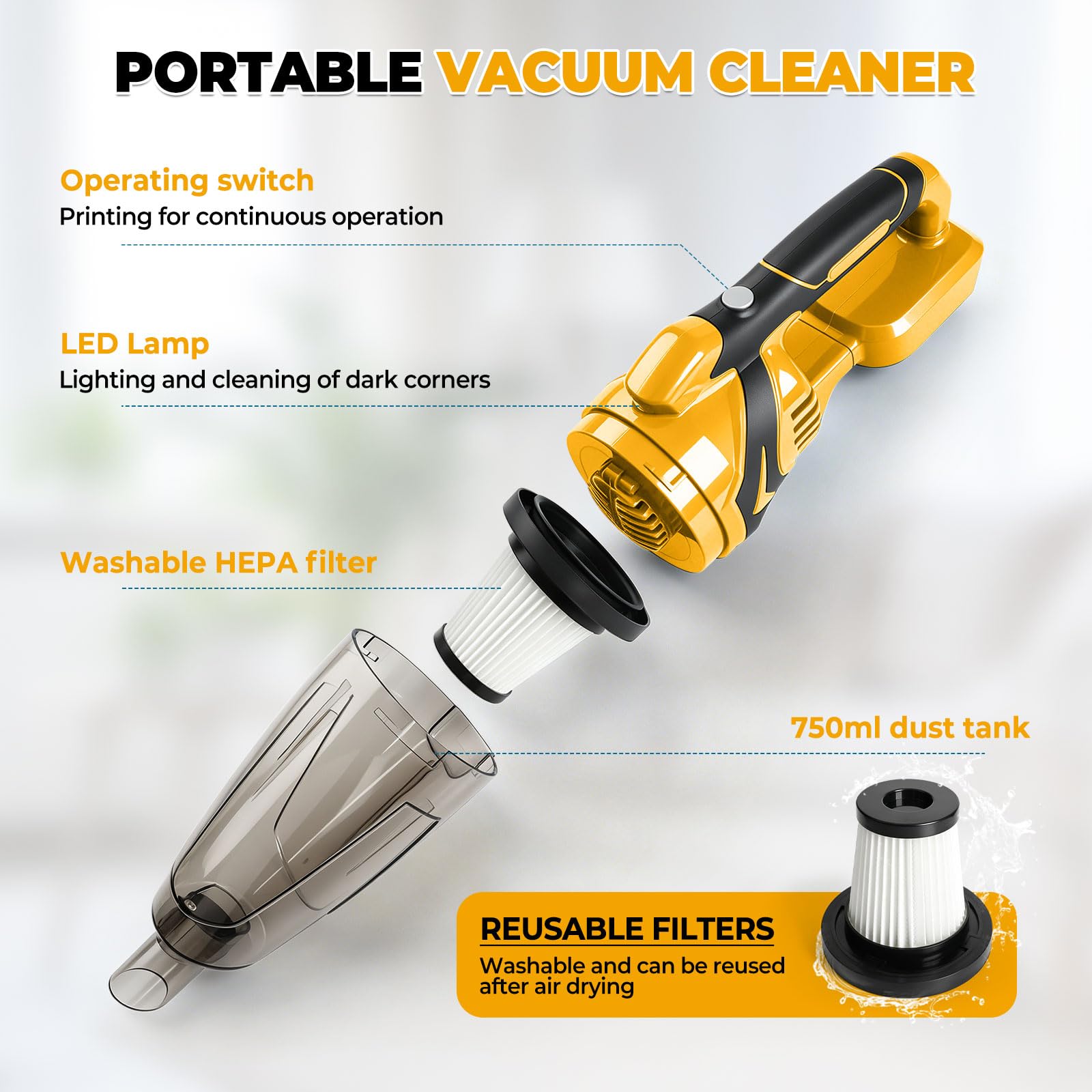 Aspirador de mano inalámbrico compatible con baterías Dewalt de 18 V 20 V, potencia de succión de 10000 Pa, depósito de polvo de 750 ml, 4 boquillas y luz LED para la limpieza en seco del coche y el