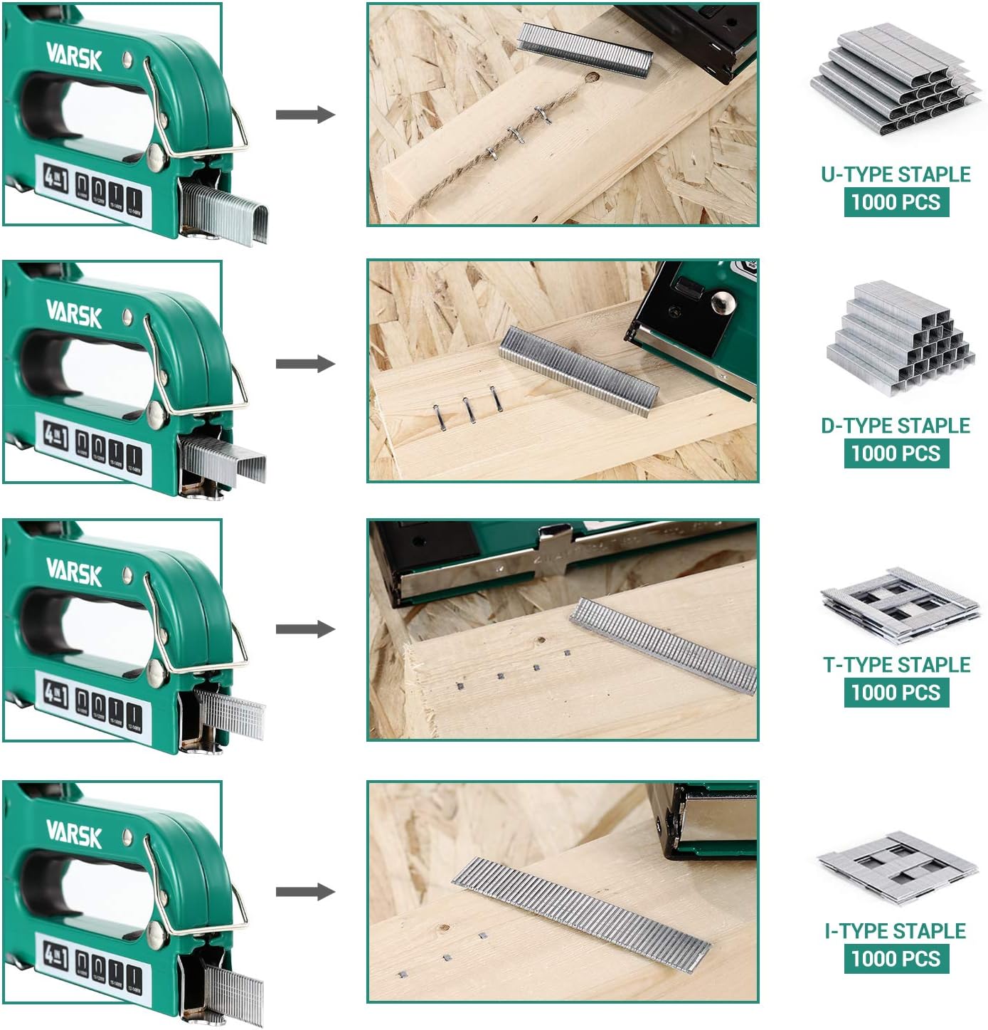 VARSK Staple Gun, Heavy Duty Staple Gun 4 in 1 Manual Nail Gun with 4000 Staples, Staple Gun Kit for Wood, Upholstery, DIY Repair, Fixing Material, Decoration, Carpentry, Furniture, VAR-810 : Office Products