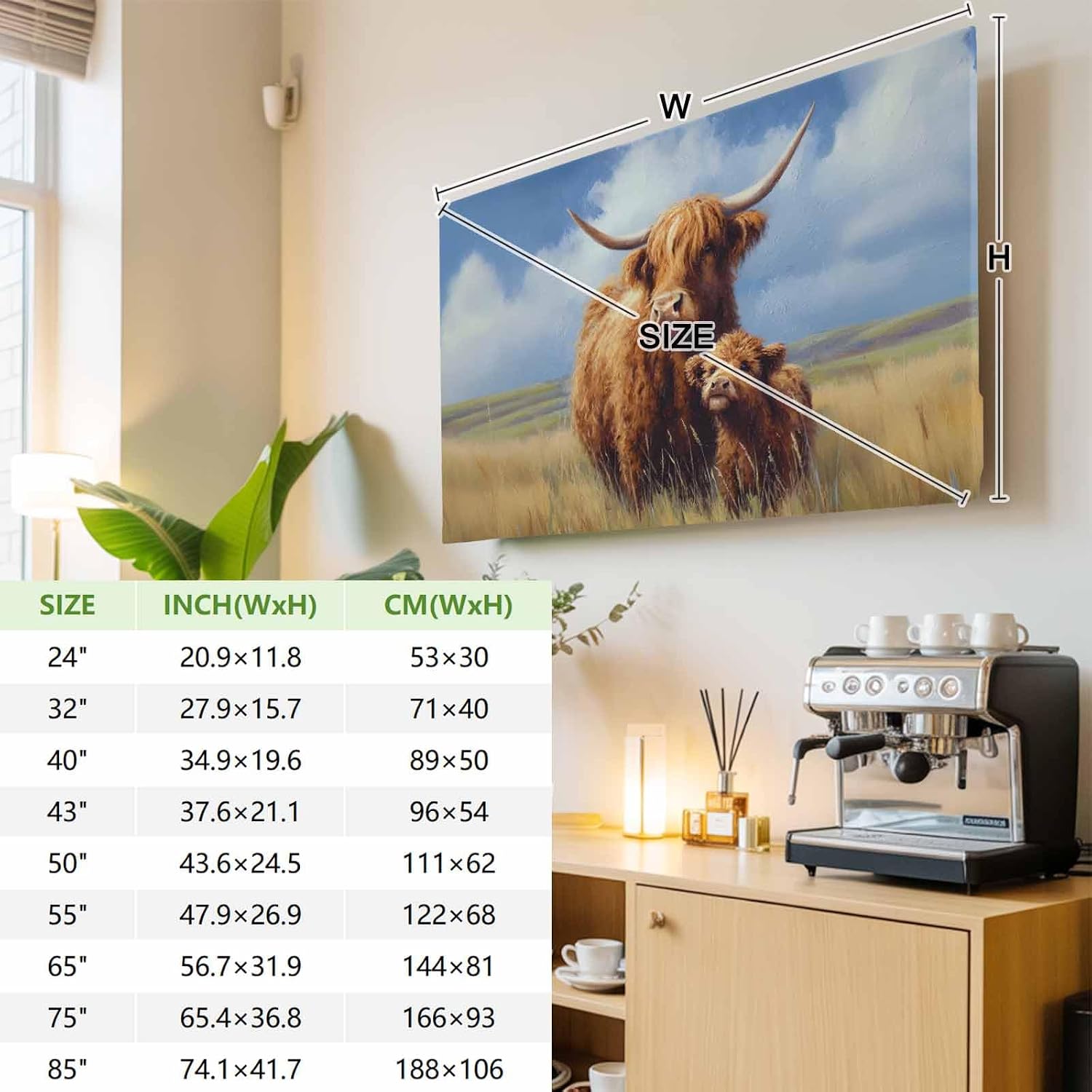 Highland Cow Indoor TV Cover for 65 Inch Screen, Rustic Art Calf in A Lush Farmhouse Grassland Elastic TV Display Protector Stretch Dust Television Monitor Slipcover for LED LCD