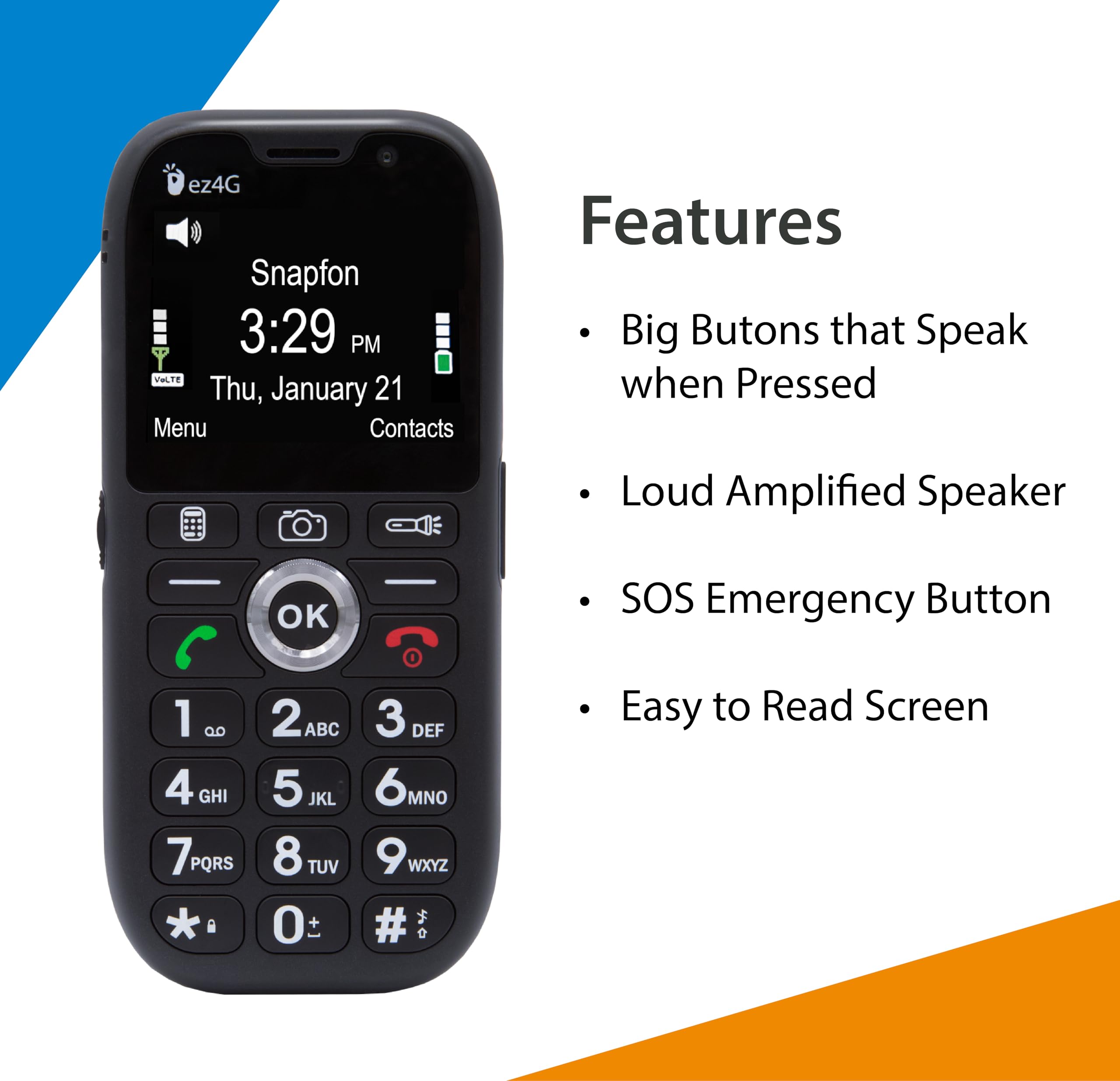 Snapfon ez4G Senior Cell Phone | SOS Emergency Button Network Activation Kit Included | Not Compatible with Other Carriers