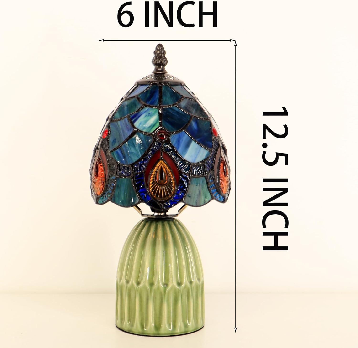 Tiffany Lamp Stained Glass Mushroom Table Lamps 6X6X12.5 Inch Sea Blue Peacock Tail Style Small Night Light Ceramic Base Mini Accent Desk Light Suitable for Bedside Table Bedroom Children Room