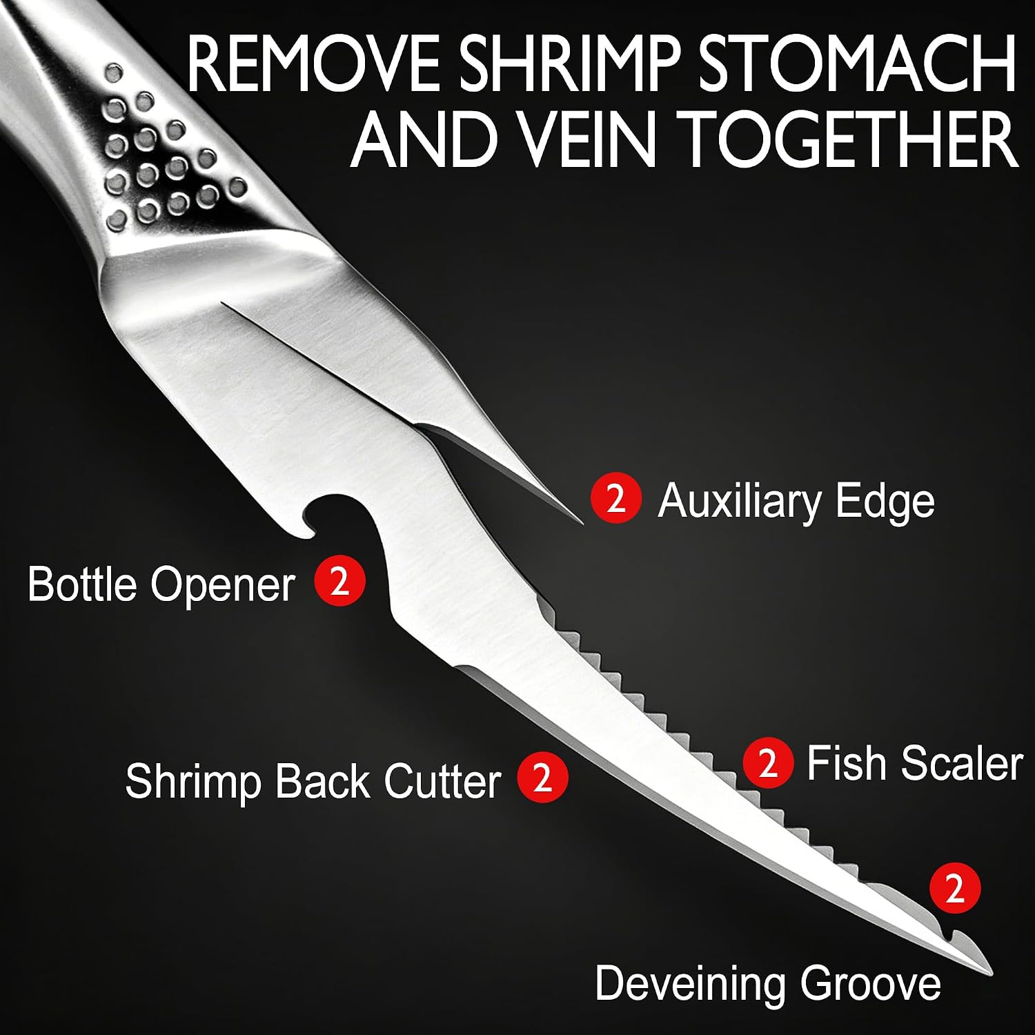 Shrimp Deveiner Tool, Stainless Steel Seafood Tool with Fish Scaler and Bottle Opener, Multi-Use Shrimp Cleaner with Non-Slip Handle (1 PCS - Silver)