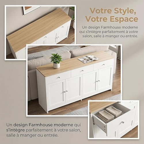 Poeahu Credenza Soggiorno bianca e legno 160 cm, Credenza Cucina con 4 ante e 3 cassetti Armadio di Archiviazione Madia Soggiorno Moderna Mobili Cucina per Soggiorno Sala da Pranzo - 4