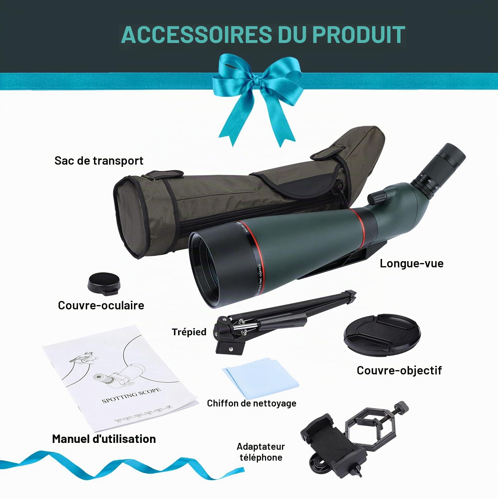 NOCOEX Longue Vues 25-75x 100mm étanche HD avec trépied, étui de Transport, Objectif FMC pour l'observation des Oiseaux, la Chasse, Le Tourisme en Plein air Vert