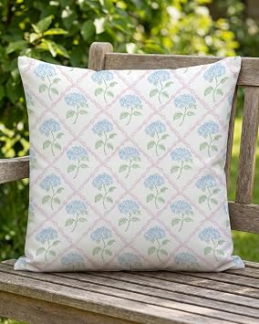 Vintage Hydrangea Pillow Cover 18x18 Blue Floral Cushion Case with Pink Lattice Pattern Pastel Coquette Cottagecore Decor for Bedroom or Grandmillennial Home