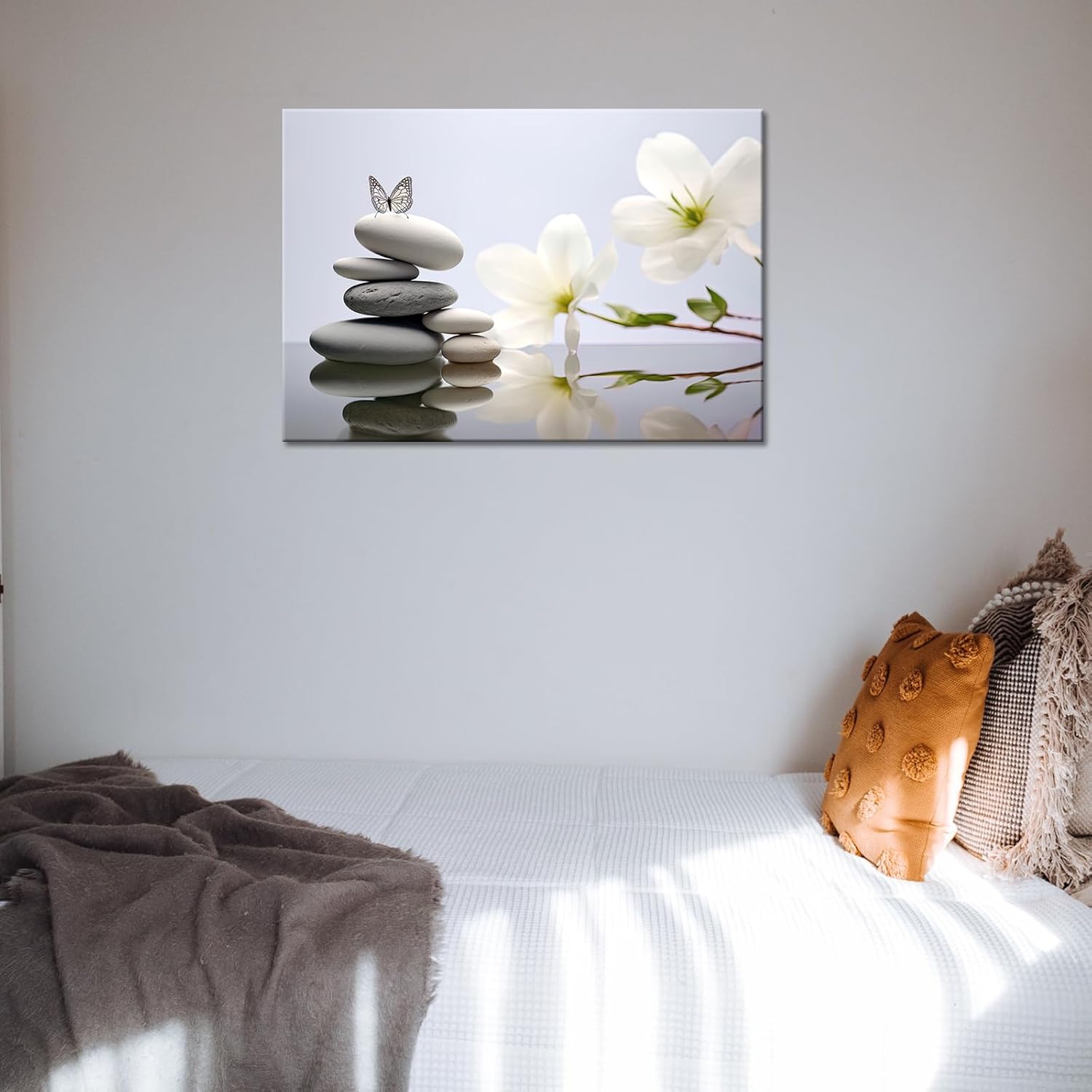 GLOKAKA Zen Stone Canvas Wall Art Spa Stone with White Flower and Butterfly Picture Bathroom Wall Art Modern Spa Artwork for Spiritual Yoga Room Bedroom Picture Wall Decor