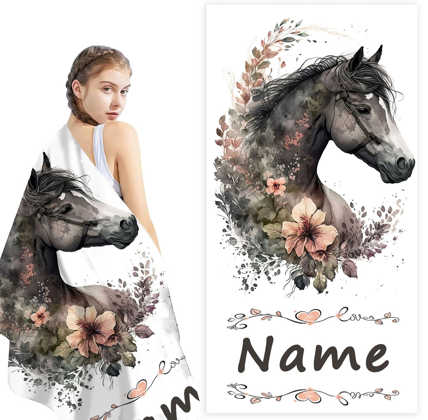 Fadaing Personalised Horse Beach Towel With Name, Horse Towel Bath Towel With Name, Microfibre Beach Towel, Large, 70 x 140 cm, Bath Towel, Gifts for Children (1.80 x 160 cm)