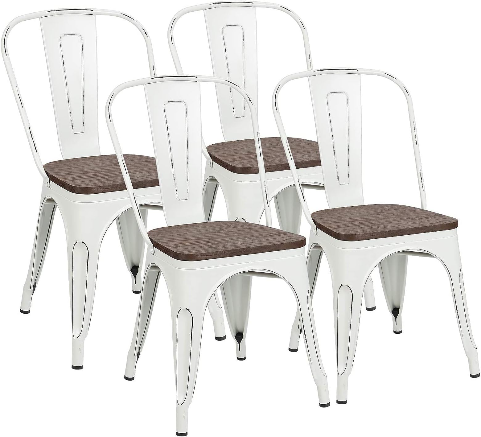 Furniwell Metal Dining Chairs with Wood Seat, Indoor Outdoor Use Stackable Tolix Industrial Metal Chairs Set of 4 for Kitchen, Dining Room, Bistro and Cafe (White)
