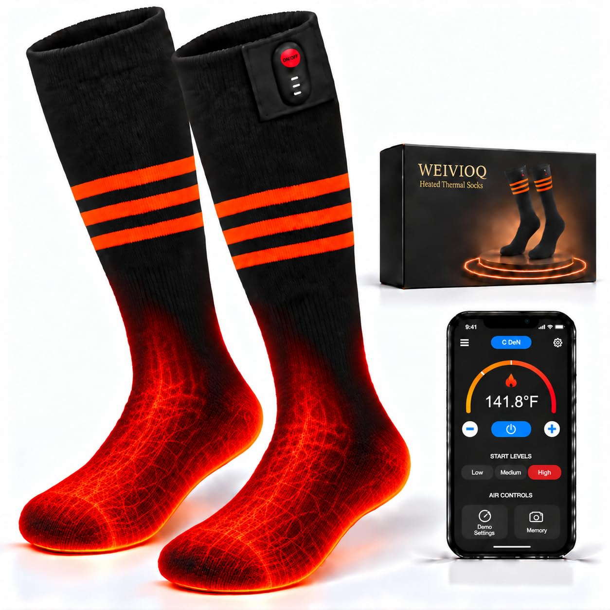 WEIVIOQ Calze riscaldanti per uomo e donna con controllo tramite app | Batterie ricaricabili da 7000 mAh, 3 livelli di calore, per sci, caccia, escursionismo e campeggio