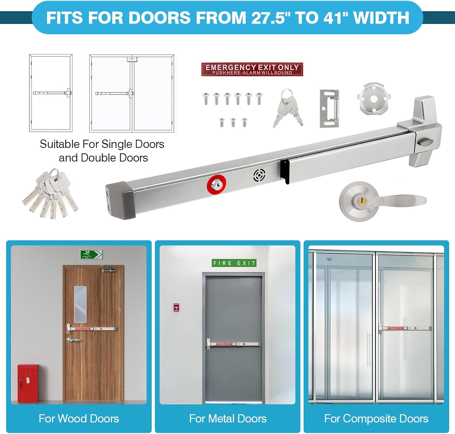 IRONWALLS Push Bar Panic Exit Device with Alarm & Exterior Lever, 70cm/27.5” Long Alarmed Emergency Exit Door Push Bar Lock, Fireproof Commercial Panic Door Hardware for Doors 27.5”-41” Wide