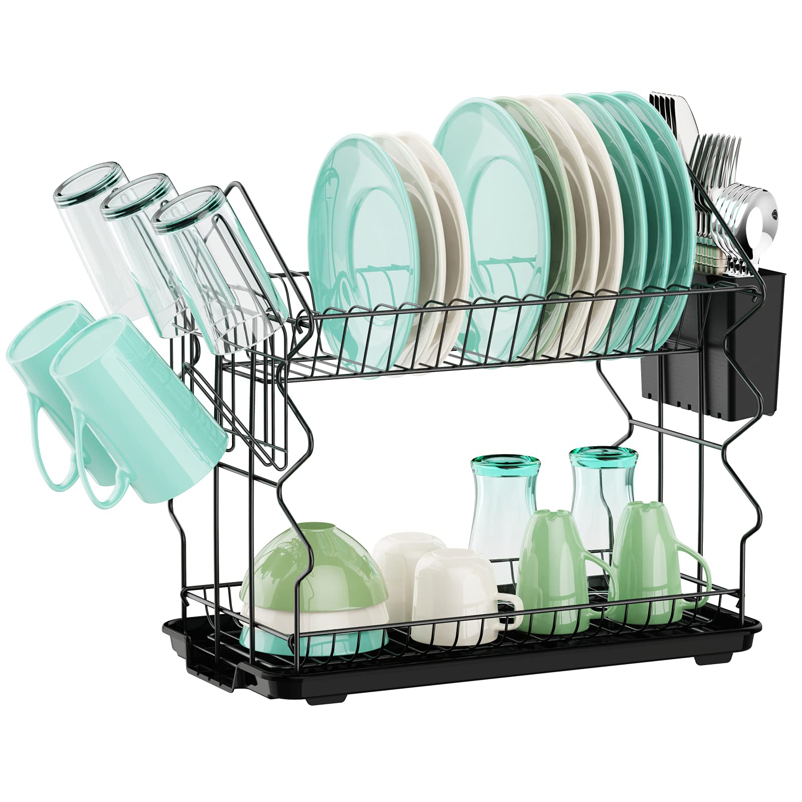 Dish Drying Rack, Warmfill Dish Rack and Drainboard Set, 2 Tier Rust-Resistant Dish Racks for Kitchen Counter with Cup Holder, Utensil Holder, Save Space, Black
