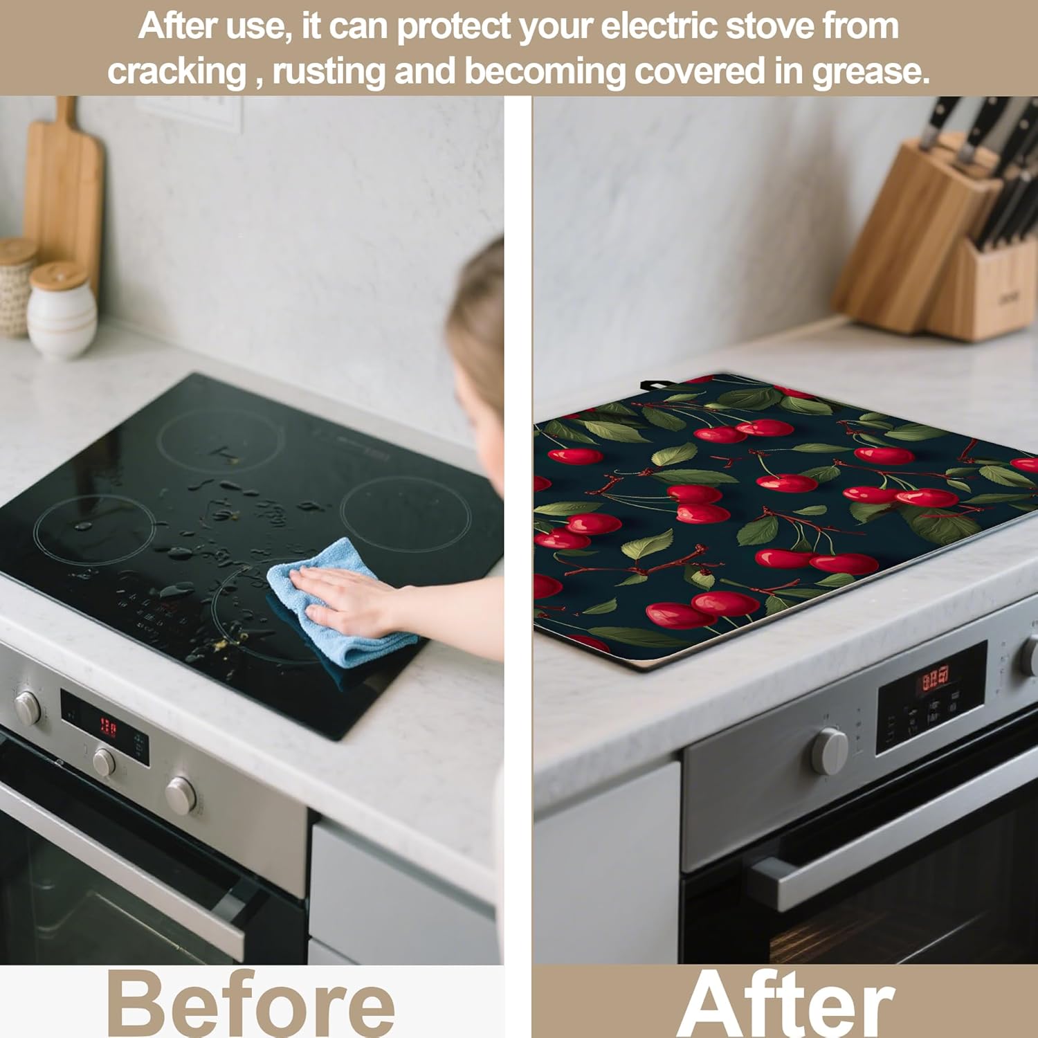 Stove Top Cover for Electric Stove Protector,Cherry Red Fruit Heat Resistant Glass Top Stove Cover Protector Ceramic Countertop Decoration Pad for Kitchen Top Covers 28.5'' x 20.5''