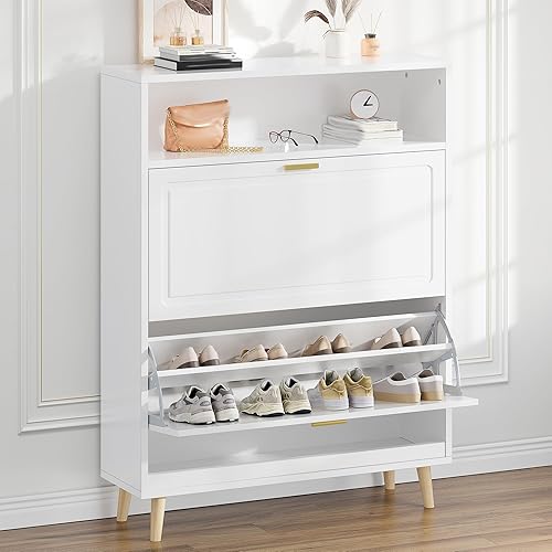 Miniatura 1 de EnHomee Zapatero blanco gabinete de almacenamiento de zapatos para entrada delgado independiente estrecho con 2 cajones abatibles armario