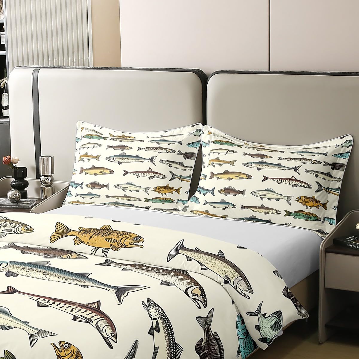 Loussiesd Kinder Fisch 100% Baumwolle Bettwäsche Set 135x200cm Fischen und Jagen Bettwäsche-Set für Jungen Mädchen Vintage Graffiti Betten Atmungsaktiv Zimmer Dekor Bettbezug