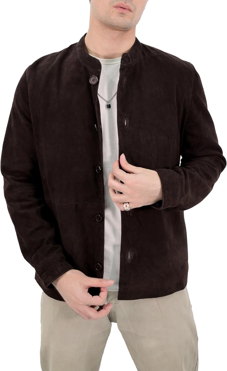Rauly Suede Leather Jacket Men Real Leather Button Front Shirt Collar Trucker Jacket Everyday Suede Coat