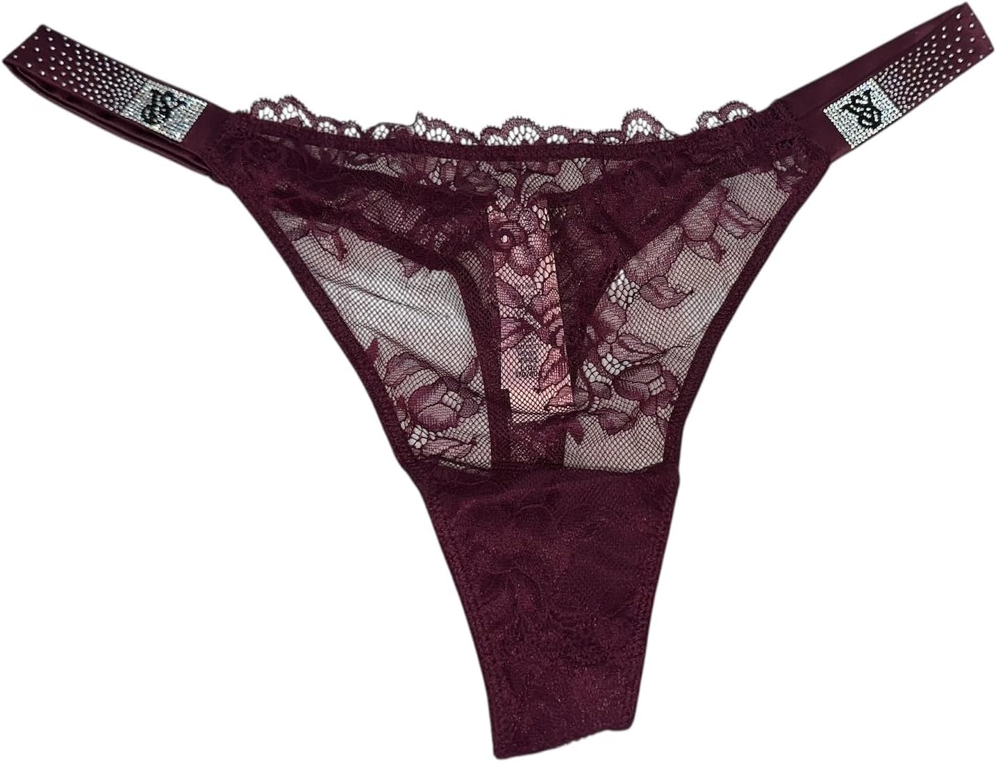 非常にセクシーなラインストーン散りばめられたシャインストラップレース Tバック パンティーカラー マルーン/キール ニュー