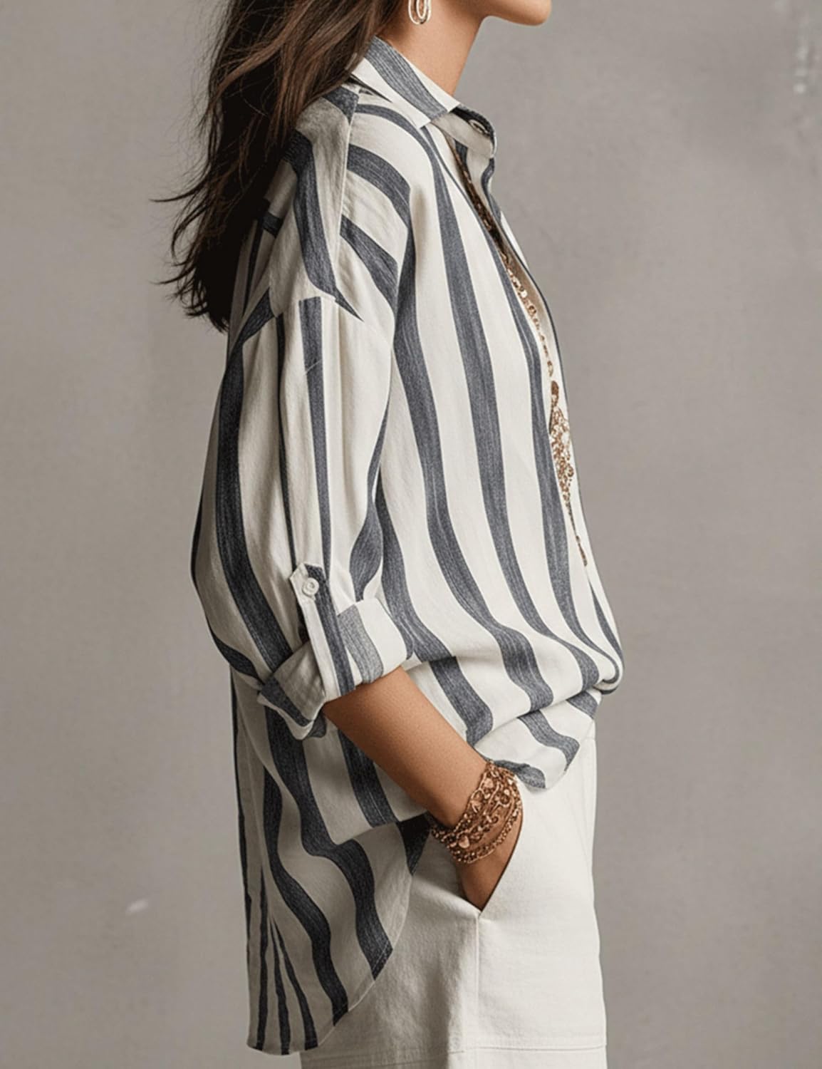 Gozoloma Women's Striped Button Down Henley Shirt Oversized Long Sleeve Collared Blouse Casual Office Tunic Tops