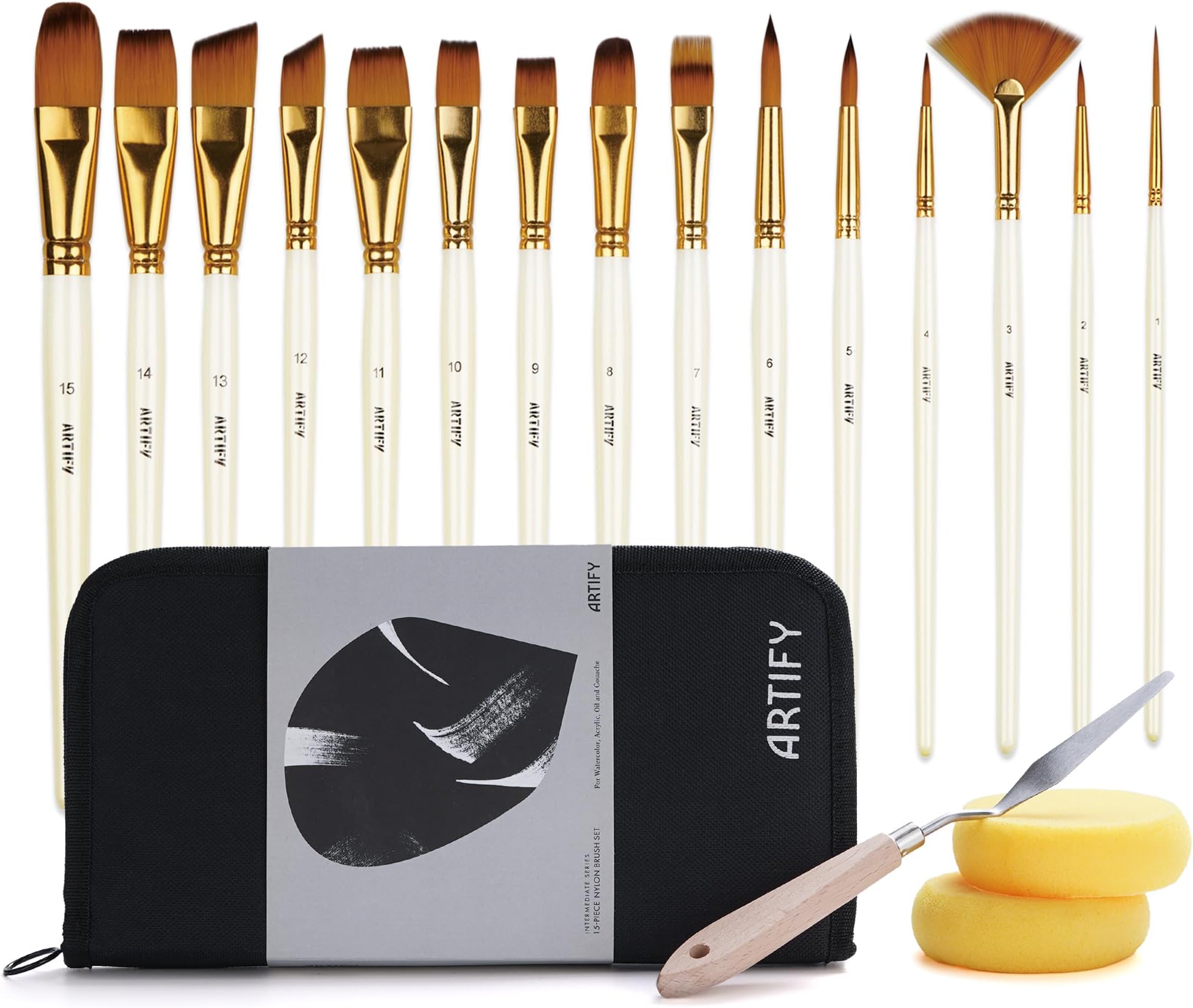 Artify 15-piece Acrylic Paint Brush Set with Stand Carrying Case, Palette tool, and 2 Sponges, Professional Artist Paint Brushes for Acrylic Oil, Watercolor, Face Painting, Ideal Art Supplies Gifts