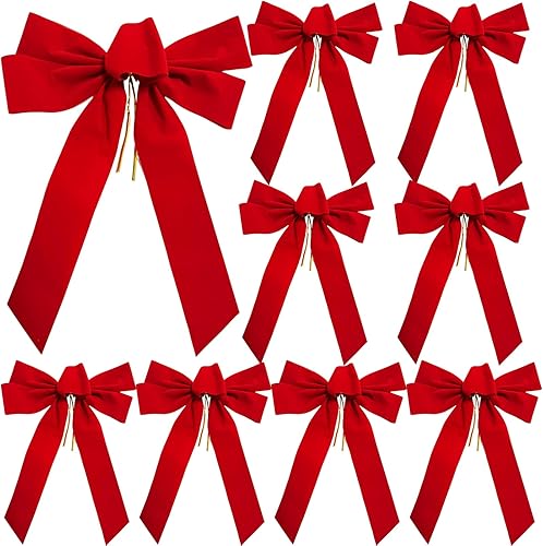 Jremreo Paquete de 10 lazos rojos de Navidad para decoraciones de corona, 9 x 13 pulgadas, lazos grandes de terciopelo a granel para decoración de