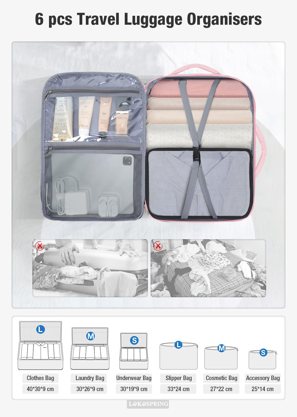 Lekespring Zaino Ryanair 40x20x25 - Zaino da Viaggio Aereo Bagaglio a Mano per Donne e Uomini, Bagaglio a Mano 40x20x25 Ryanair, Borsa Cabina con 6 Sacchetti Organizzatori per Scuola D'affari Casual