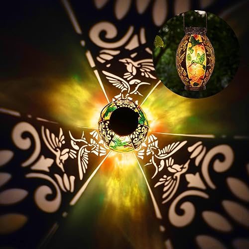 Miniatura 5 de Faroles solares colgantes para exteriores, impermeables, de cristal, luces de pavo real, luces LED ahuecadas de metal, lámparas de mesa LED