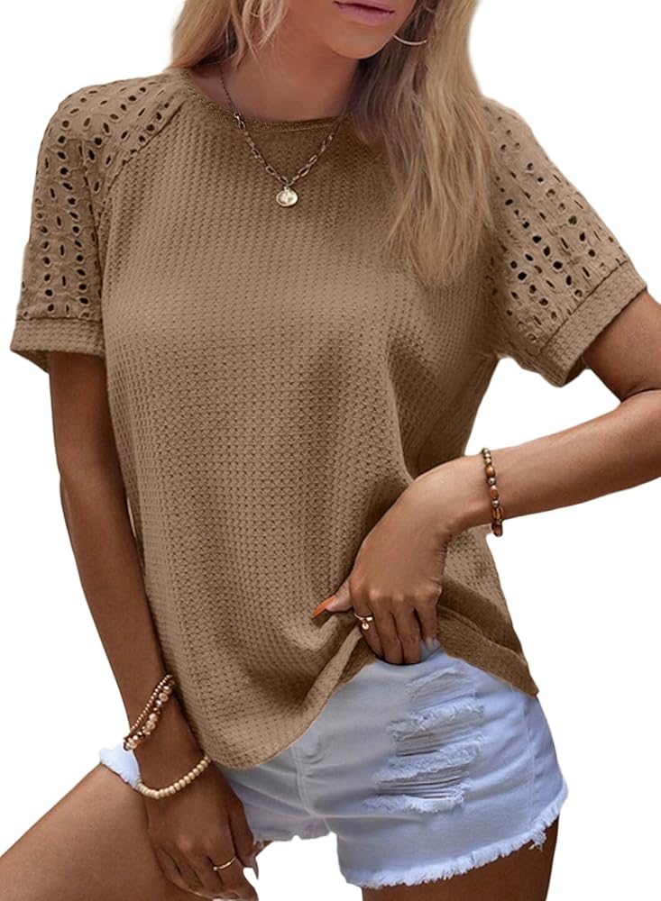 ☆23SS☆【COVERNAT】☆Women's Waffle Raglan T-shir.t☆ SHEWIN Womens Tops Dressy Casual Waffle Knit Shirt Round