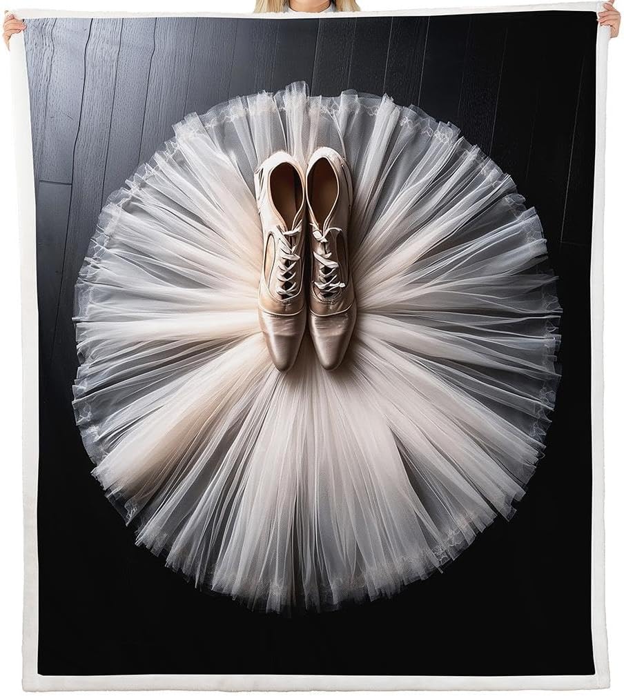 Erosebridal Ballet Dance Throw Blanket Ballerina Outfit Fleece Blanket for Girls Kids,White Skirt Bed Blanket Ballet Shoes with Ribbons Plush Blanket Pointe Peach Shoes Couch Sofa Decor 50"x60"