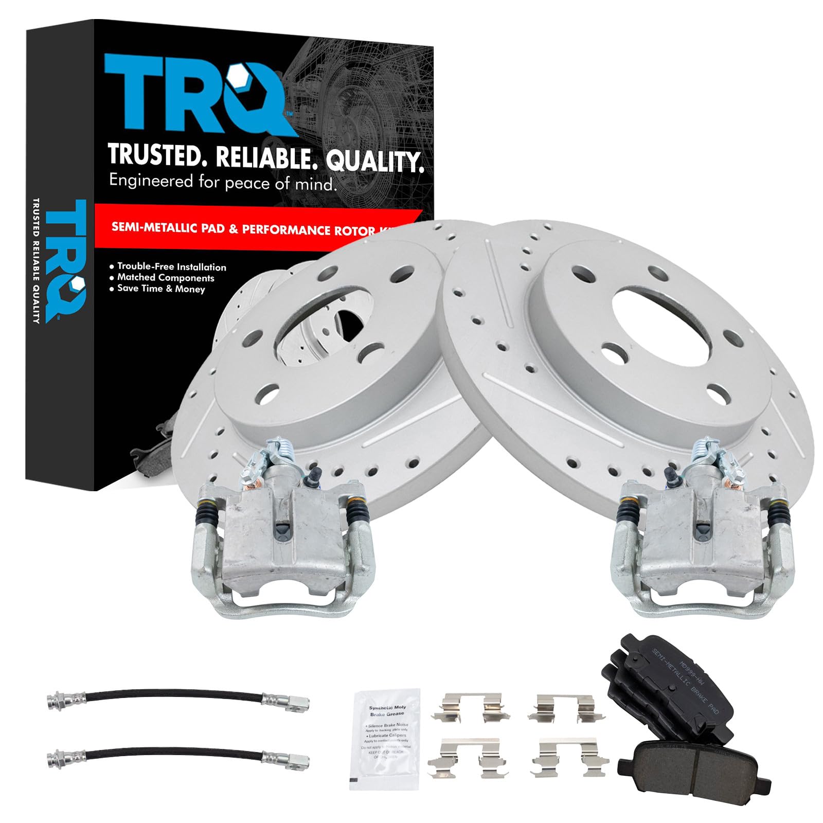 TRQ Performance Rear Brake Pad and Rotor Set Semi Metallic Slotted Drilled G Coated Rotors Calipers Compatible with 2005-2008 Pontiac Grand Prix