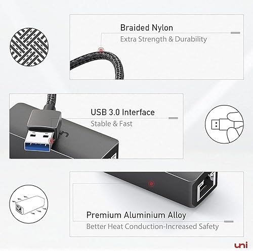 Miniatura 8 de uni Adaptador USB a Ethernet, adaptador de red LAN Gigabit Ethernet USB 3.0 sin controlador, adaptador de Internet RJ45 de 1001000 Mbps compatible