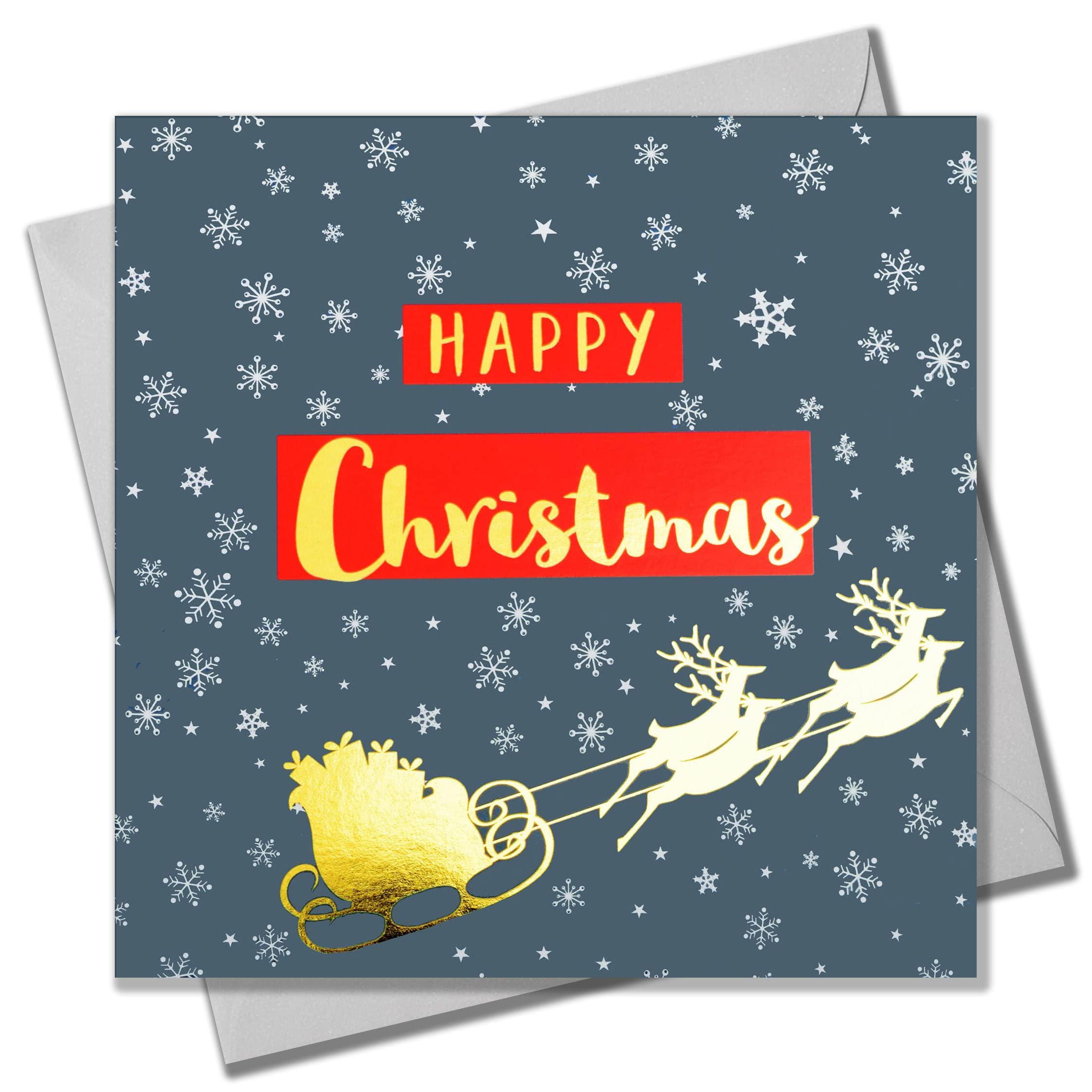 Claire Giles Greeting Cards, Happy Christmas Card, Sleigh and Snowflakes design xmas Greeting Card, Text Foiled in Shiny Gold