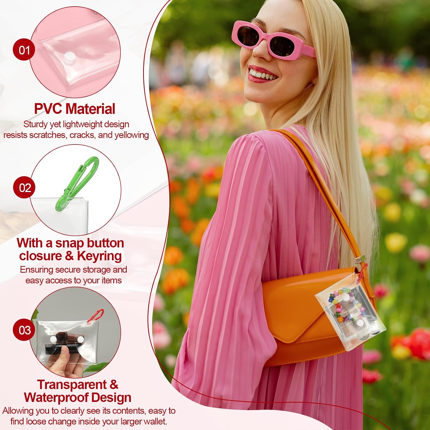 uxcell 3 Pcs Clear Coin Purse with Snap Hook, 4 x 4.7in Transparent Card Holder Small PVC Coin Wallet Waterproof Change Pouch Fit for Candy Trinkets Collectibles Girls ID Keys, Green image 4