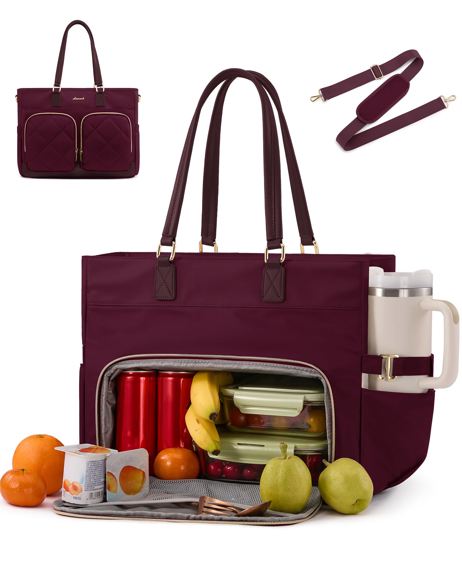 LOVEVOOK Laptop Work Tote Bag with Lunch Compartment &amp; 40oz Cup Holder